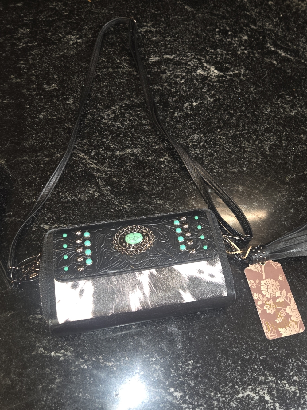 Black & White Cowhide Crossbody with Turquoise Stud Accents